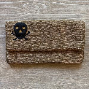 Pirate Skull and Cross Bone Beaded Gold Bag NWT